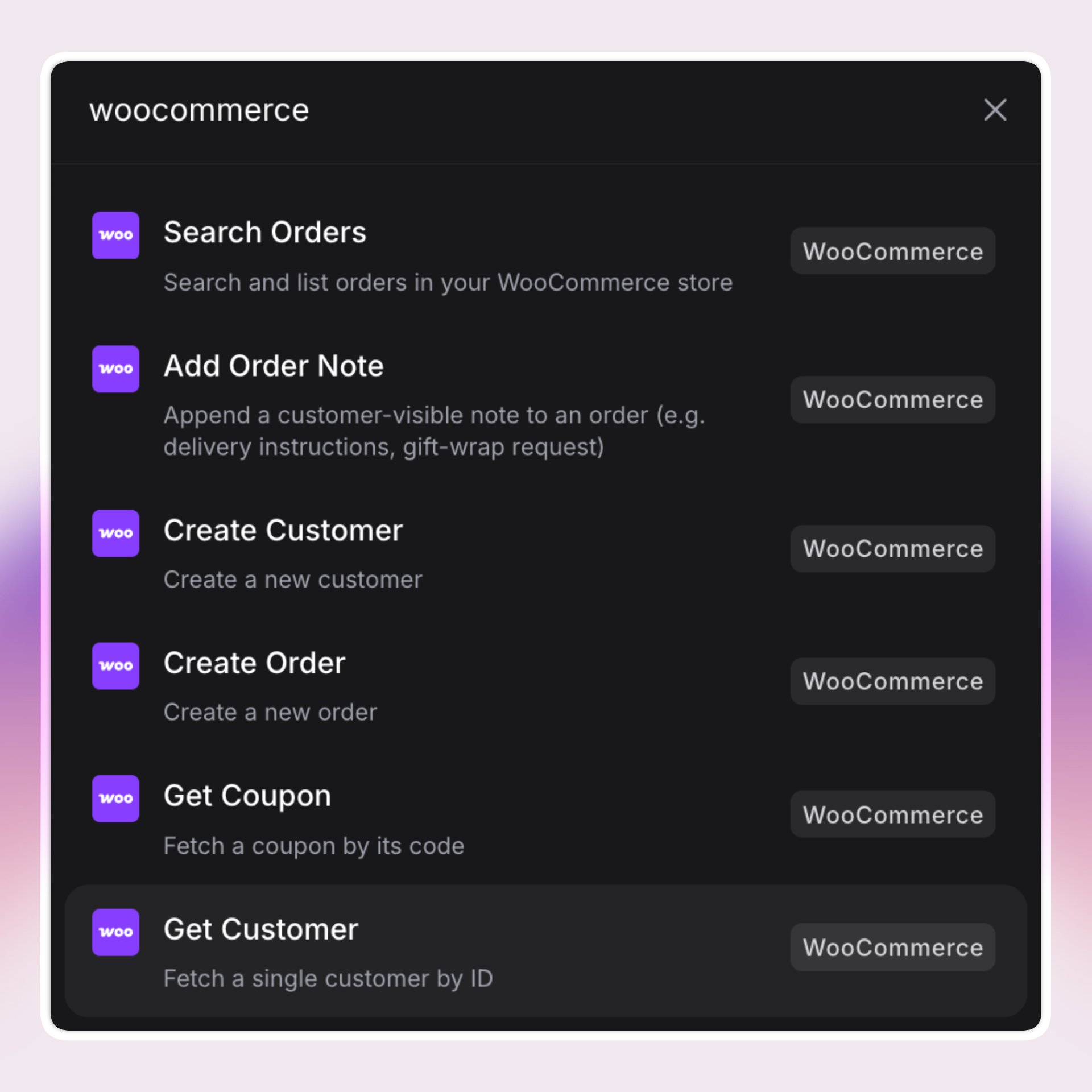 A screenshot of Invent’s interface showing a dark-themed pop-up panel with the heading “woocommerce.” The panel lists WooCommerce actions like Search Orders, Add Order Note, Create Customer, Create Order, Get Coupon, and Get Customer, each with a purple WooCommerce icon and a gray WooCommerce label.
