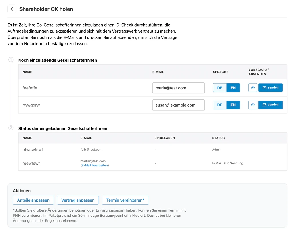 Gesellschafter:innen für den ID-/KYC-Check und die Vertragsdurchsicht einladen