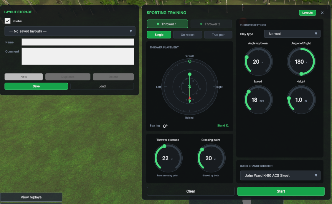 The sporting training panel: placement dial on the left, thrower settings on the right