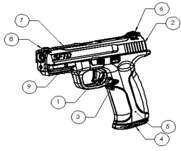 Line drawing of the training gun with numbered callouts 1 to 9
