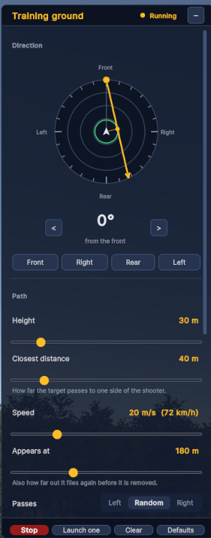 TrueDefence training ground control panel: a plan-view dial setting the
                approach bearing, with altitude, closest pass and speed beside it.