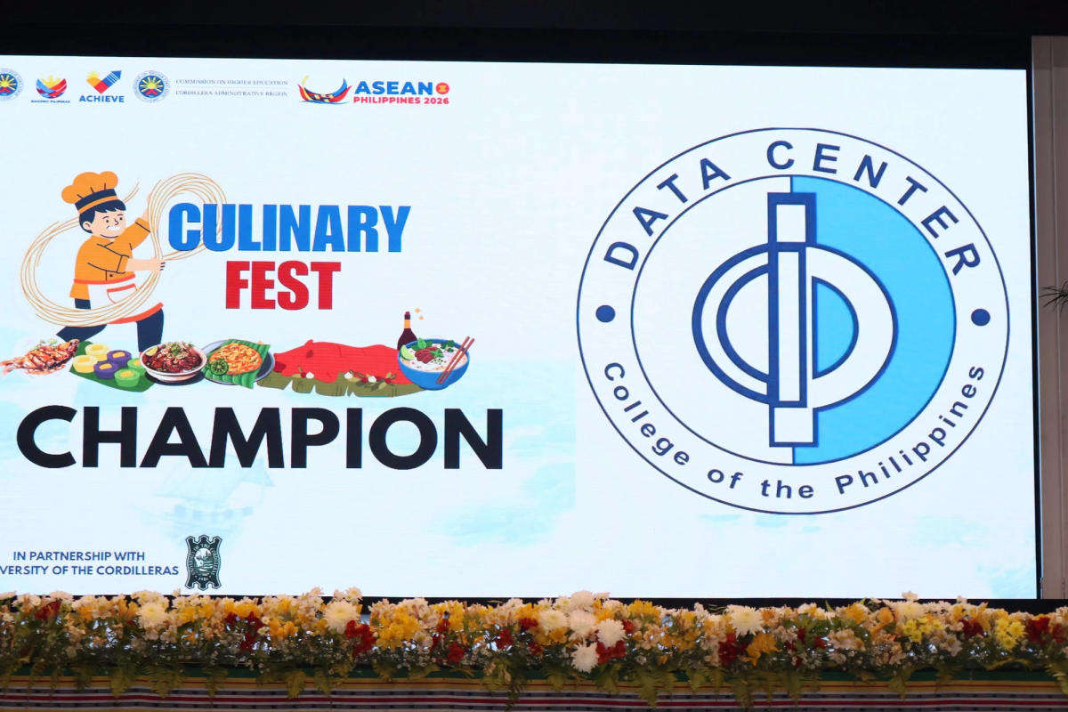 Stage screen announcing Data Center College of the Philippines as the Culinary Fest champion, with CHED-CAR and ASEAN Philippines 2026 logos.