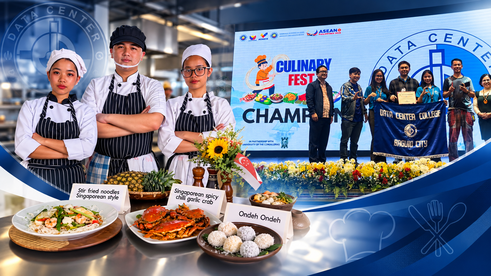 Collage of DCCP culinary students in chef uniforms with their Singaporean dishes and the team on stage receiving the Culinary Fest champion award.