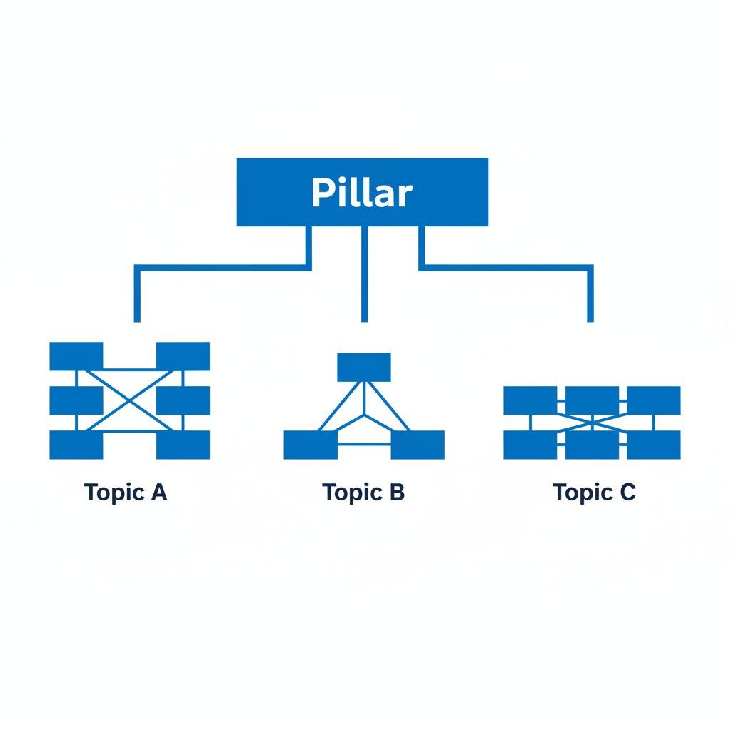 Pillar-cluster content strategy architecture showing one pillar page branching into three topic clusters with interlinked posts