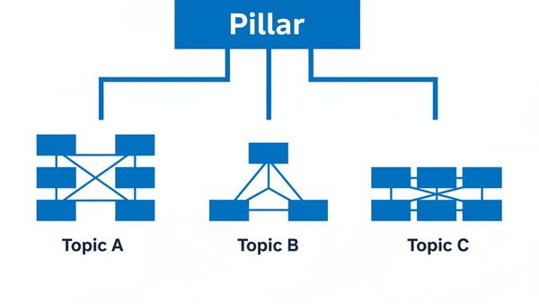 Pillar-cluster content strategy architecture showing one pillar page branching into three topic clusters with interlinked posts