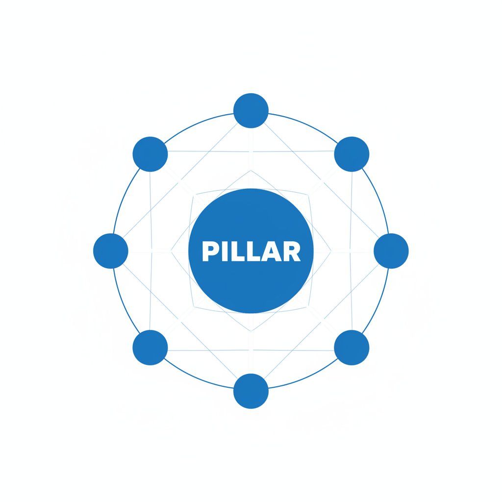 Topical authority pillar-cluster architecture diagram showing a central pillar page connected to eight interlinked cluster content pages