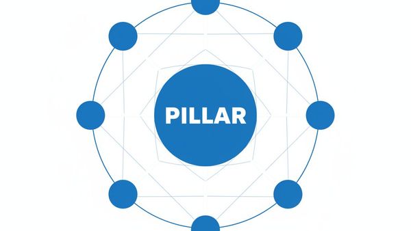 Topical authority pillar-cluster architecture diagram showing a central pillar page connected to eight interlinked cluster content pages