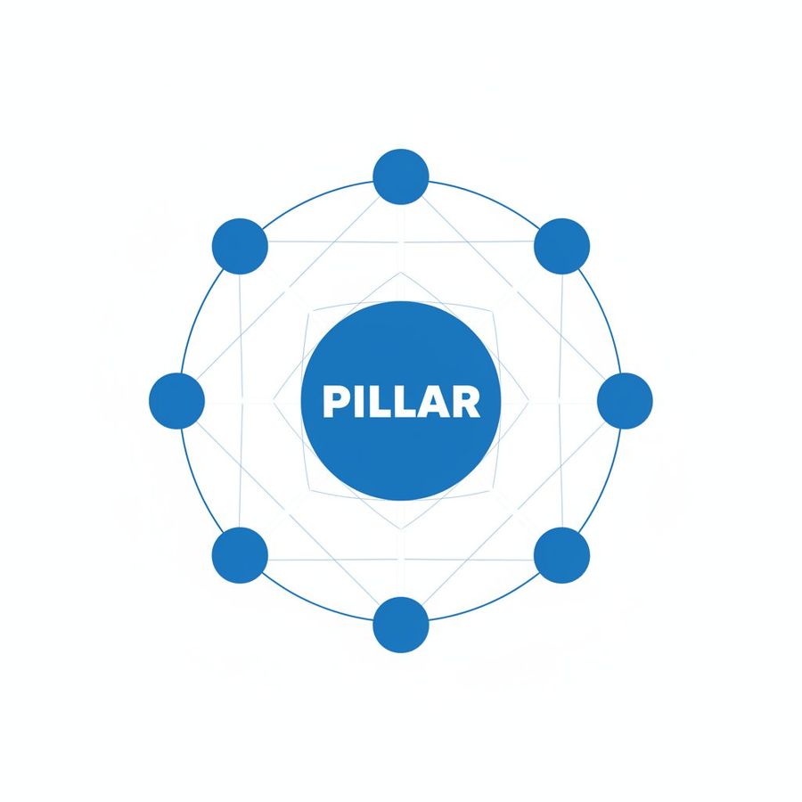 Topical authority pillar-cluster architecture diagram showing a central pillar page connected to eight interlinked cluster content pages