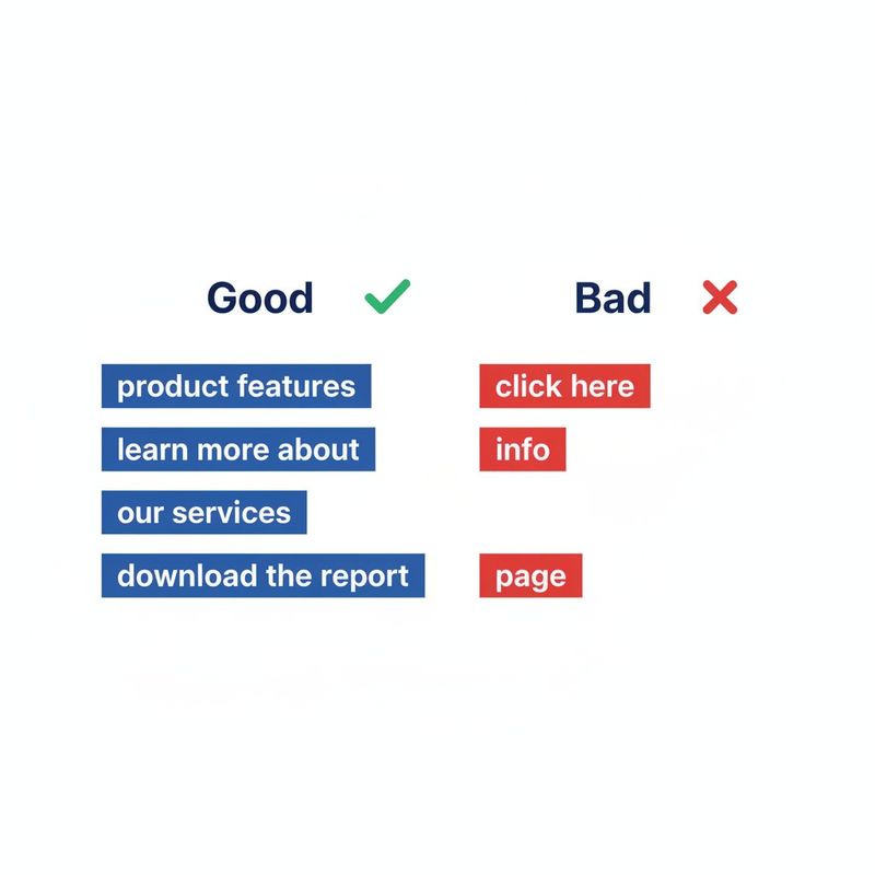Anchor text comparison showing good descriptive anchors versus bad generic anchors for blog internal links