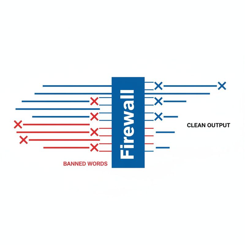Anti-slop firewall diagram showing banned AI words and phrases being filtered out during content generation while clean text passes through