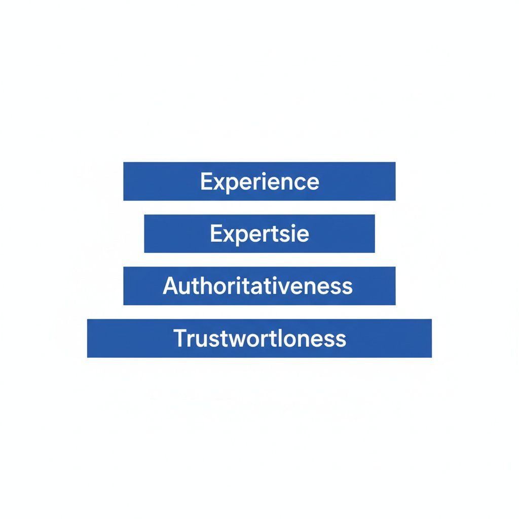 E-E-A-T diagram showing four signals: Experience, Expertise, Authoritativeness, and Trustworthiness with Trust as the foundation