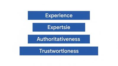 E-E-A-T diagram showing four signals: Experience, Expertise, Authoritativeness, and Trustworthiness with Trust as the foundation