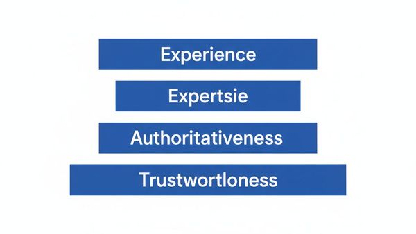E-E-A-T diagram showing four signals: Experience, Expertise, Authoritativeness, and Trustworthiness with Trust as the foundation