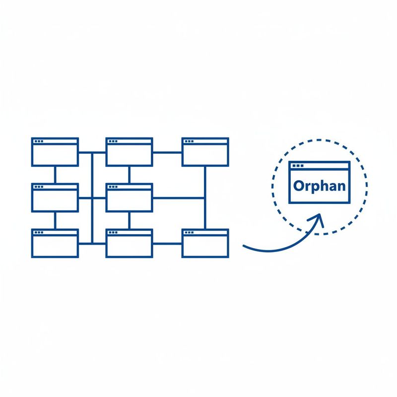 Orphan page detection diagram showing a connected blog page network with one isolated orphan page needing internal links