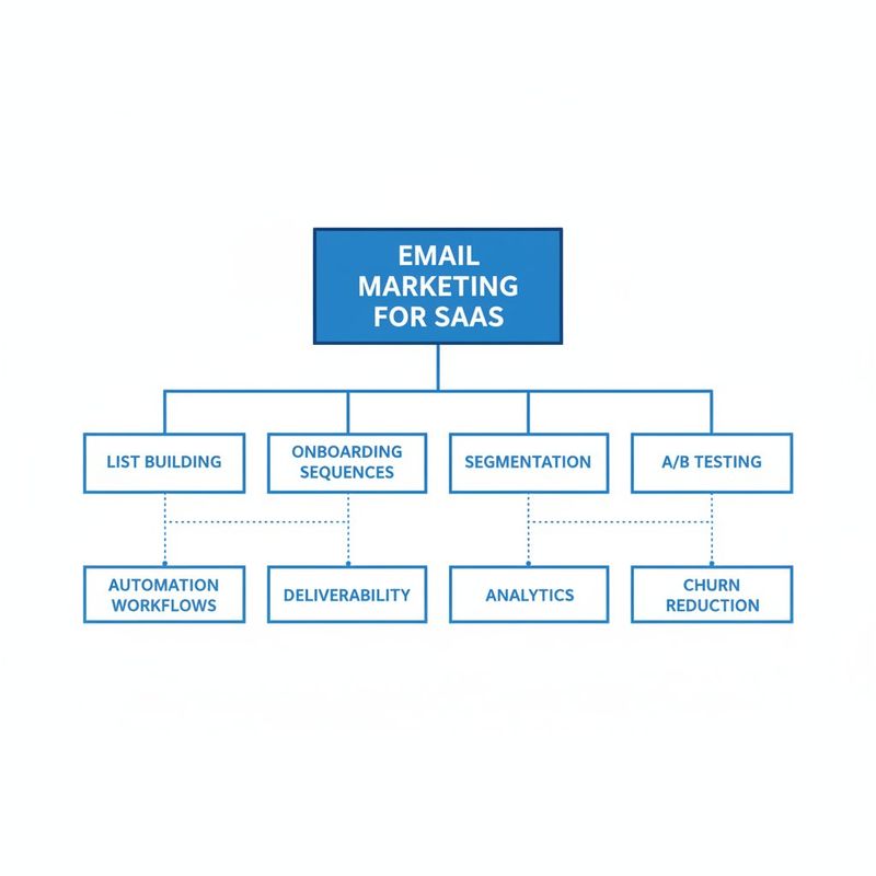 Worked pillar-cluster map for a B2B SaaS email marketing blog showing one pillar page connected to eight cluster posts