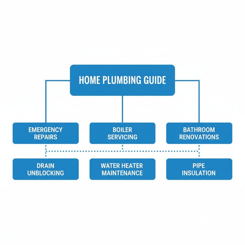 Worked pillar-cluster map for a local plumbing business blog showing one pillar page connected to six cluster posts