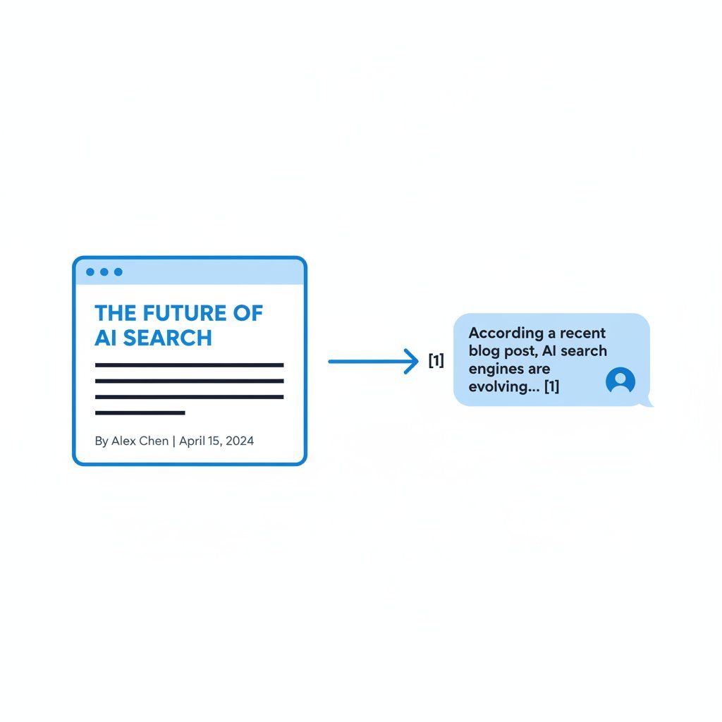 Answer engine optimisation diagram showing an AI search engine citing a structured blog page as a source in its response