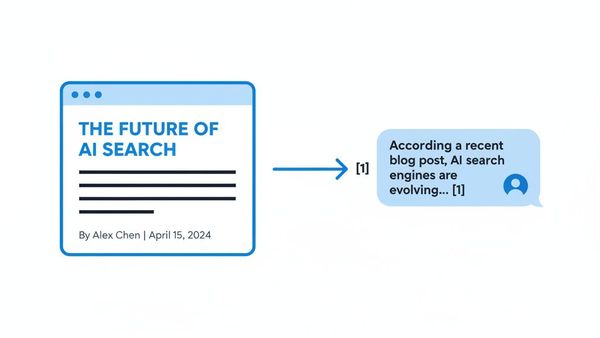Answer engine optimisation diagram showing an AI search engine citing a structured blog page as a source in its response