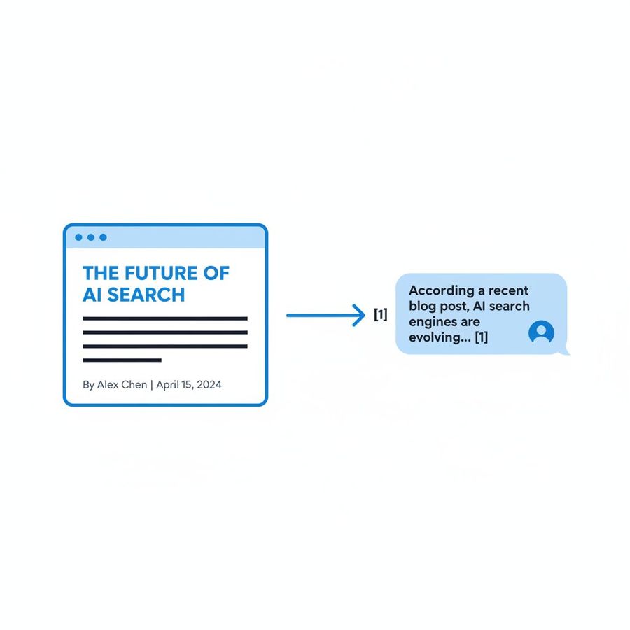 Answer engine optimisation diagram showing an AI search engine citing a structured blog page as a source in its response