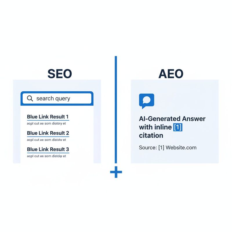 Side-by-side comparison of SEO showing ranked search results versus AEO showing AI-generated answers with citations