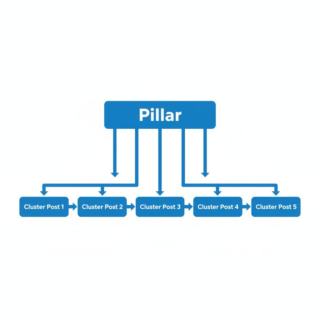 Internal link architecture diagram for blog SEO showing a pillar page connected to five cluster posts with cross-links between them