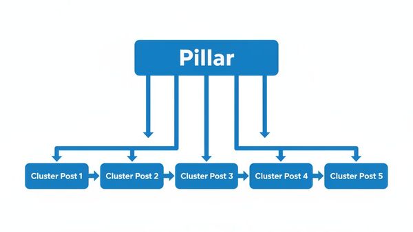 Internal link architecture diagram for blog SEO showing a pillar page connected to five cluster posts with cross-links between them