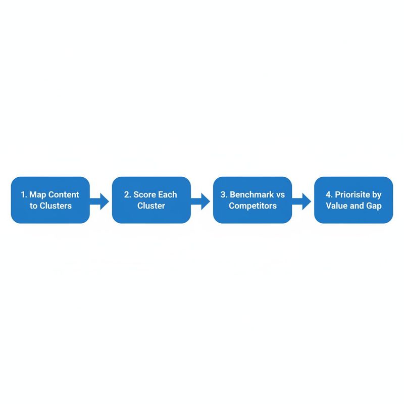 Four-step topical authority audit process flow diagram showing map, score, benchmark, and prioritise stages