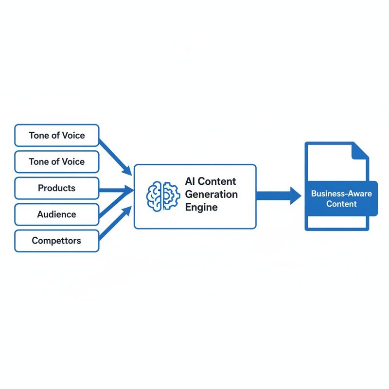 Business context injection diagram showing tone of voice, products, audience, and competitor inputs flowing into AI content generation