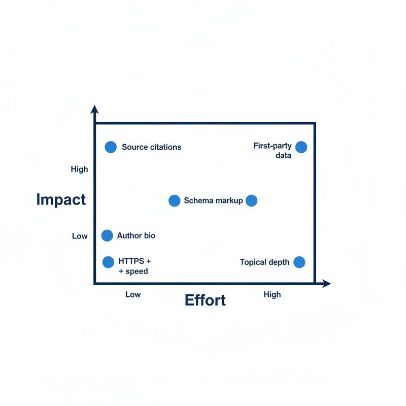 E-E-A-T controllable signals plotted on an effort versus impact matrix showing six blog-level actions