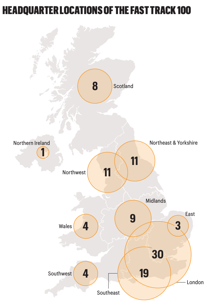 map showing where growing companies are based