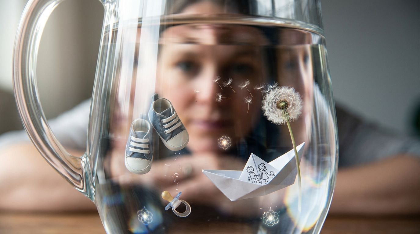 Glas met zwevende kinderspullen in
