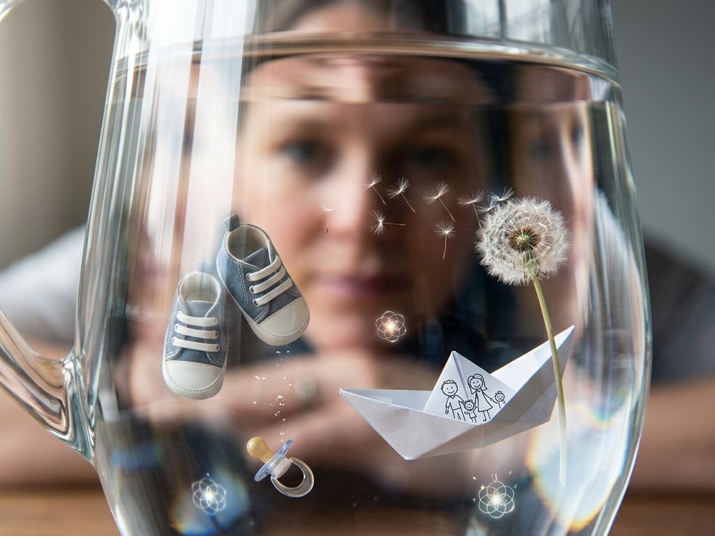 Glas met zwevende kinderspullen in