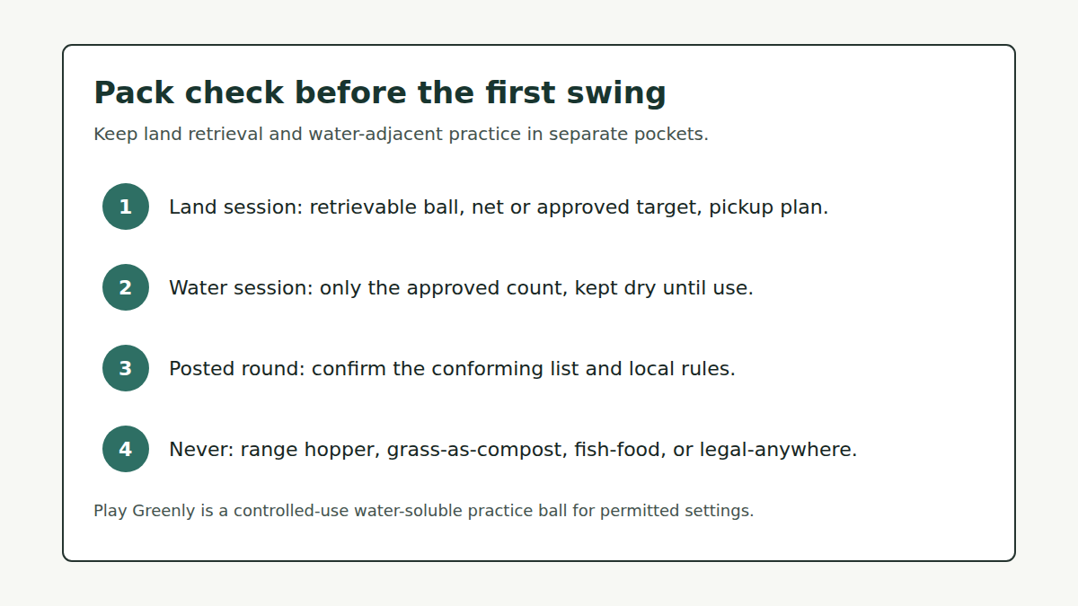 Four-step pack check that keeps water-soluble practice balls out of land sessions.