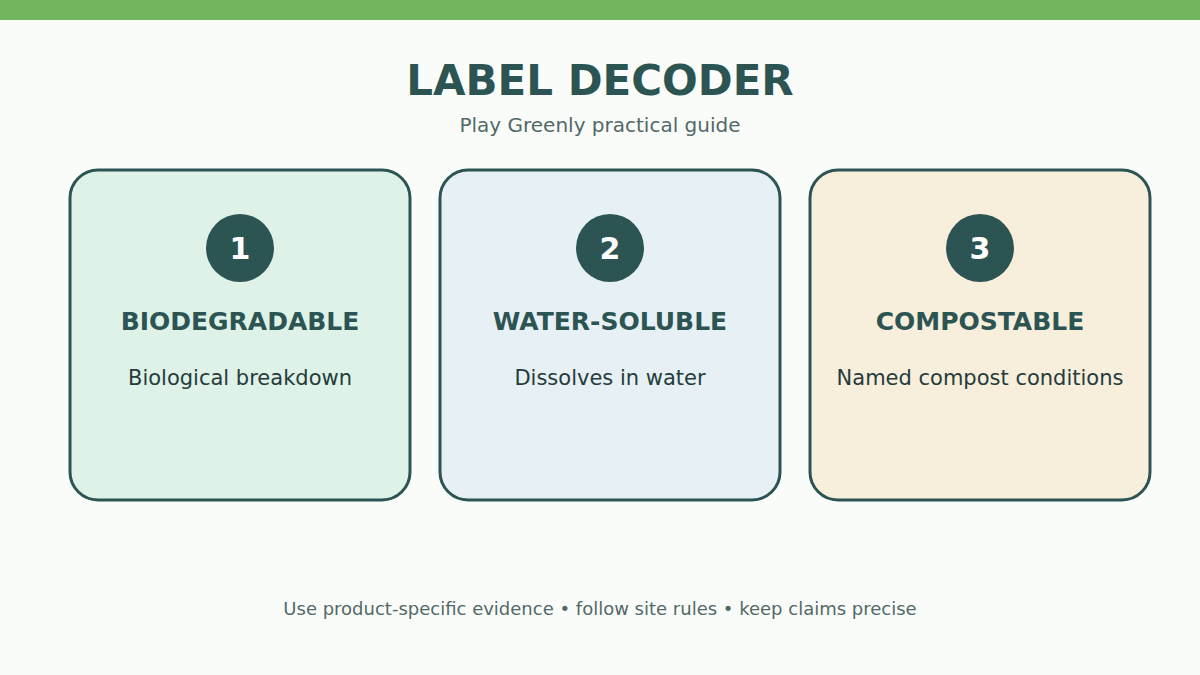 Comparison chart explaining biodegradable, water-soluble, and compostable golf-ball labels.
