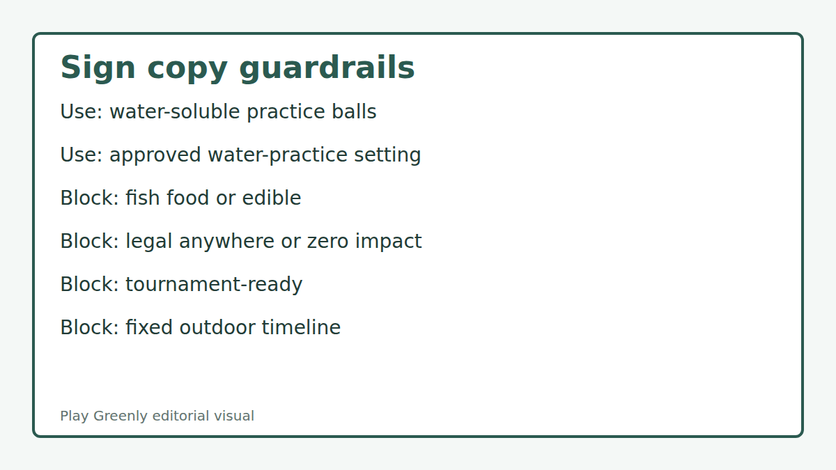 A sign-copy matrix separating approved water-soluble language from blocked fish-food, zero-impact, legal-anywhere, and tournament claims