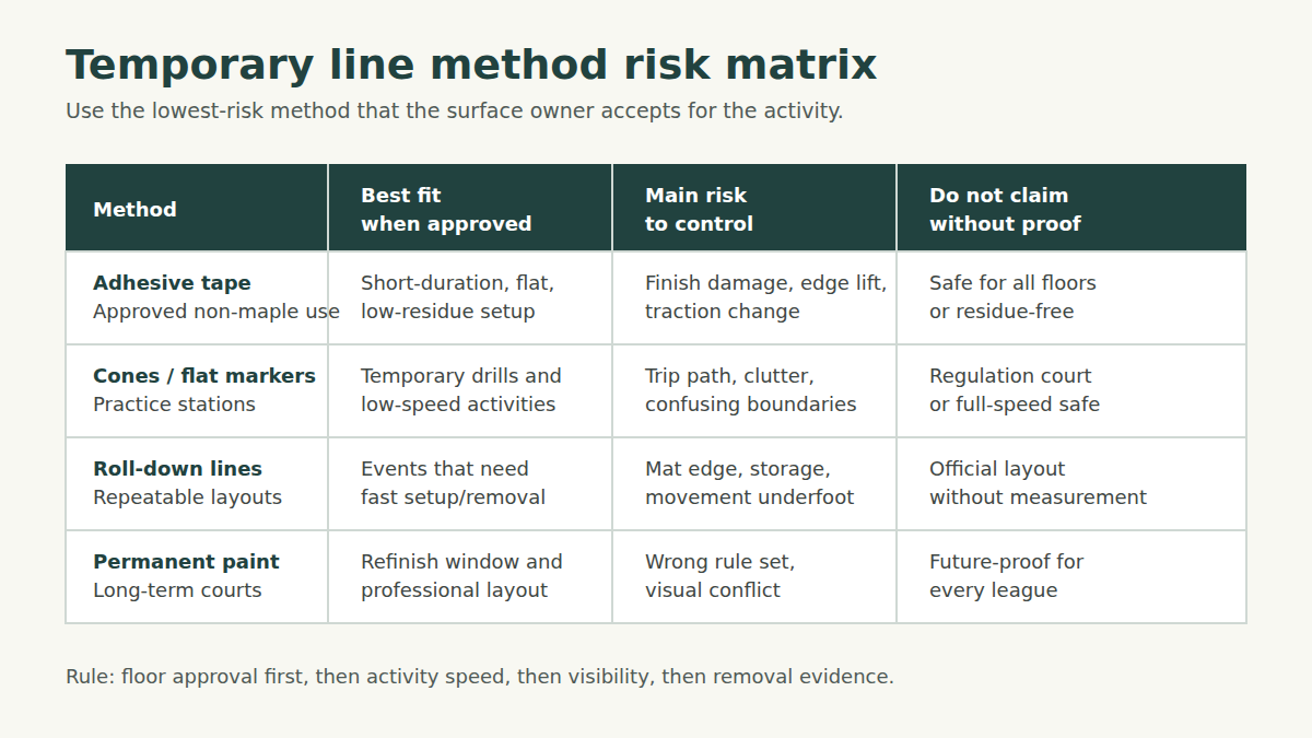 A risk-matrix diagram compares temporary line methods by floor approval, movement demand, cleanup risk, and rule fit.