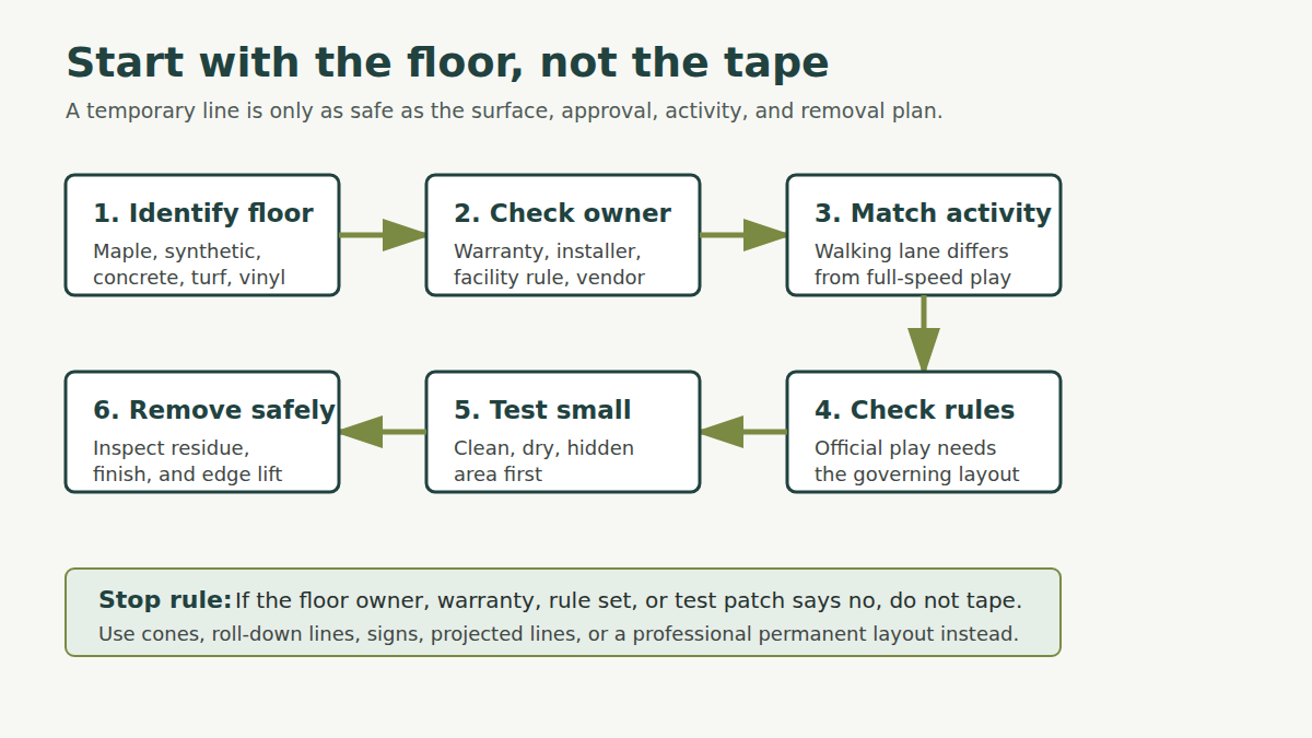 A decision-tree diagram chooses temporary sports floor line marking by floor type, owner approval, activity speed, and removal plan.