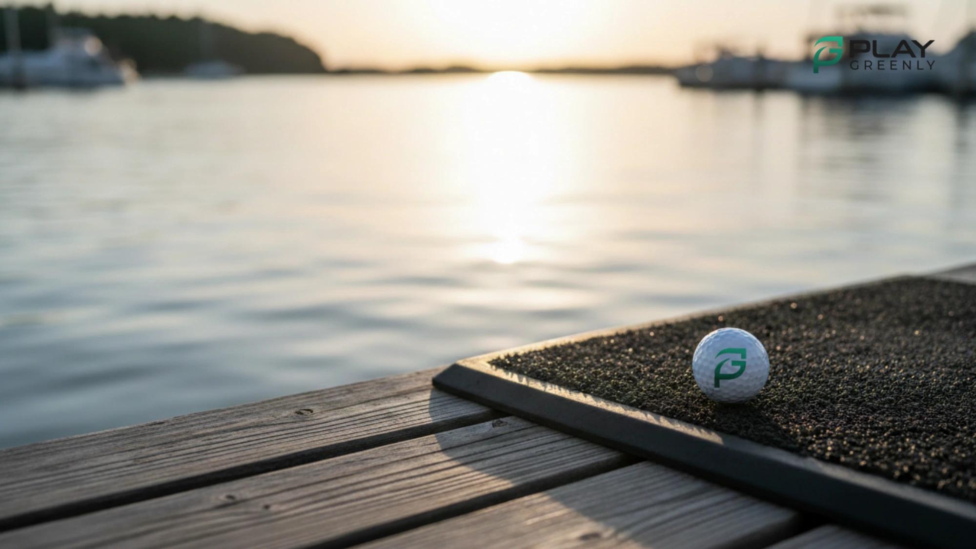 Close-up of a golf ball on a dockside hitting mat at sunset with calm water in the background.
