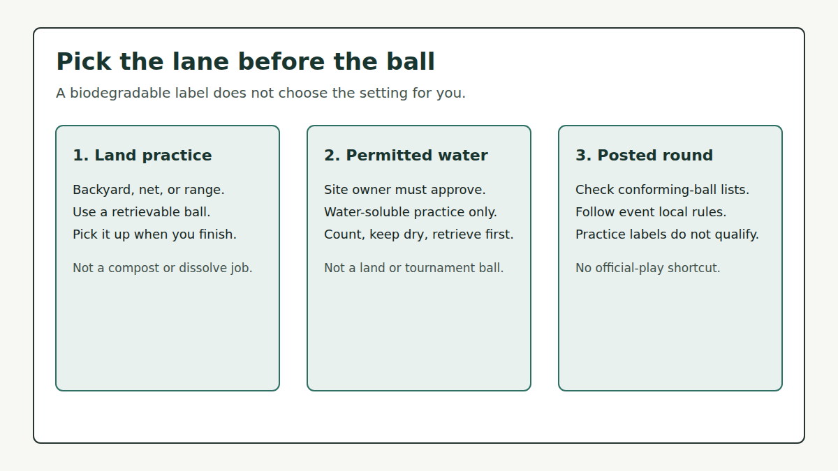 Three practice lanes: land retrieval, permitted water-adjacent practice, and posted-round play.