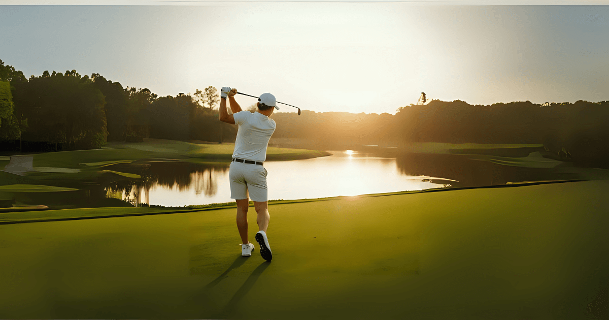 Golfer taking a shot near water while testing eco-friendly golf ball performance
