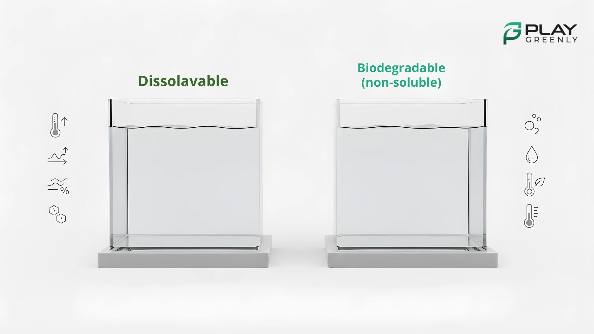 Side-by-side water tanks indicating that dissolvable balls break down after sustained water exposure while biodegradable balls break down under suitable conditions over time.