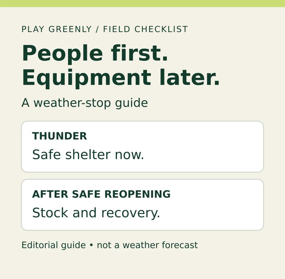 Rain-delay guide: people go to safe shelter before equipment handling.
