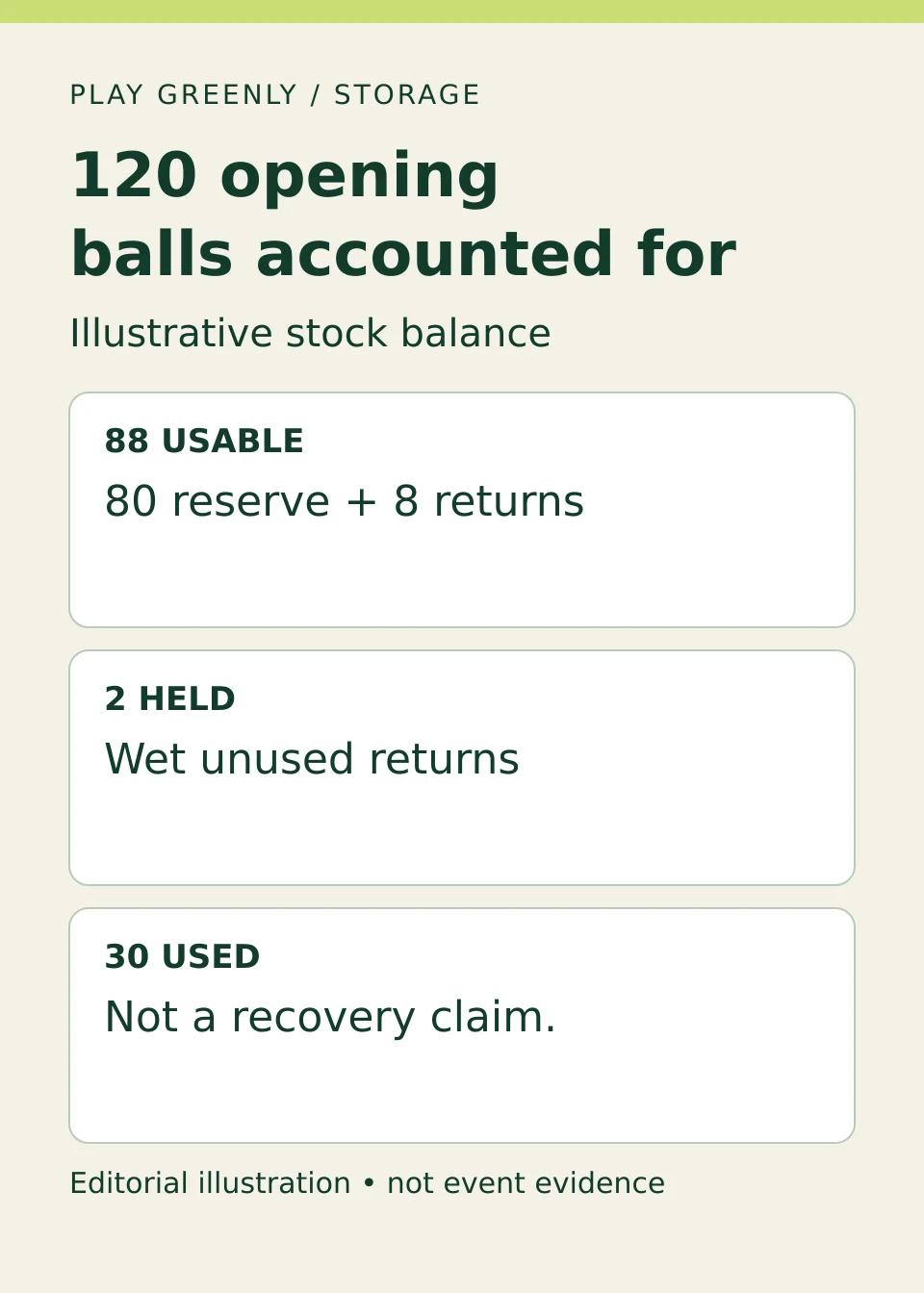 Example reconciliation: 120 opening balls equals 88 usable closing stock, two held balls and 30 used balls.