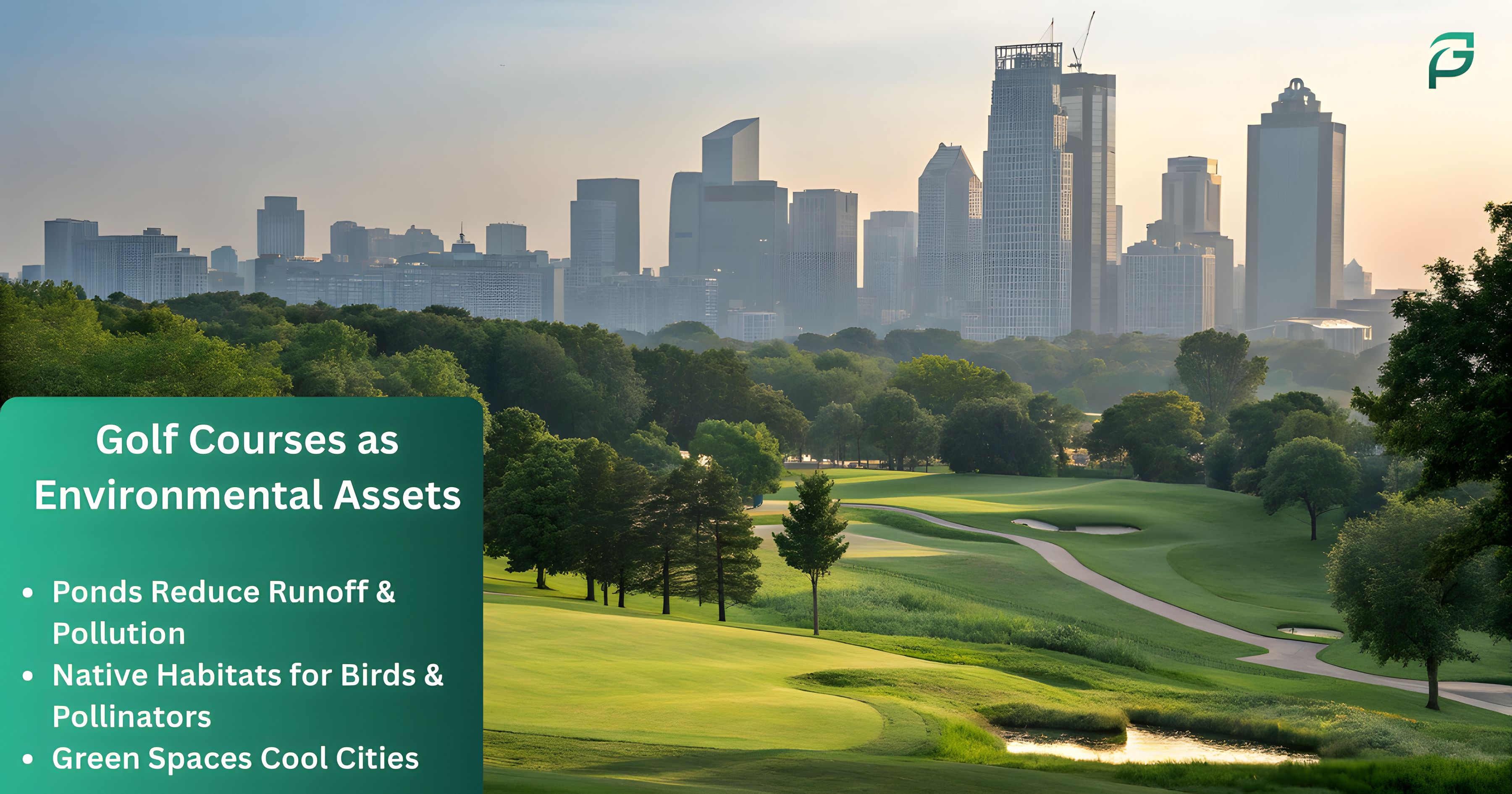 Golf course near a city acting as a green space supporting environmental balance and sustainability