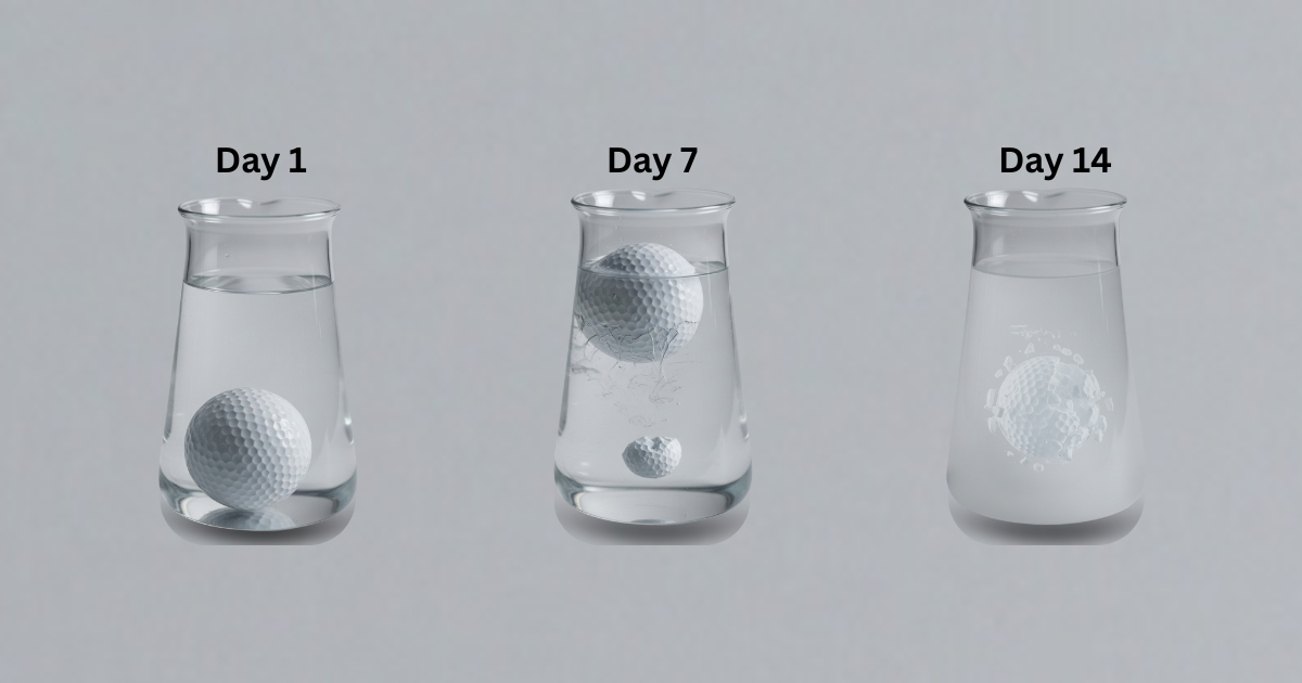 Timeline showing biodegradable golf ball dissolving in water from day 1 to day 14