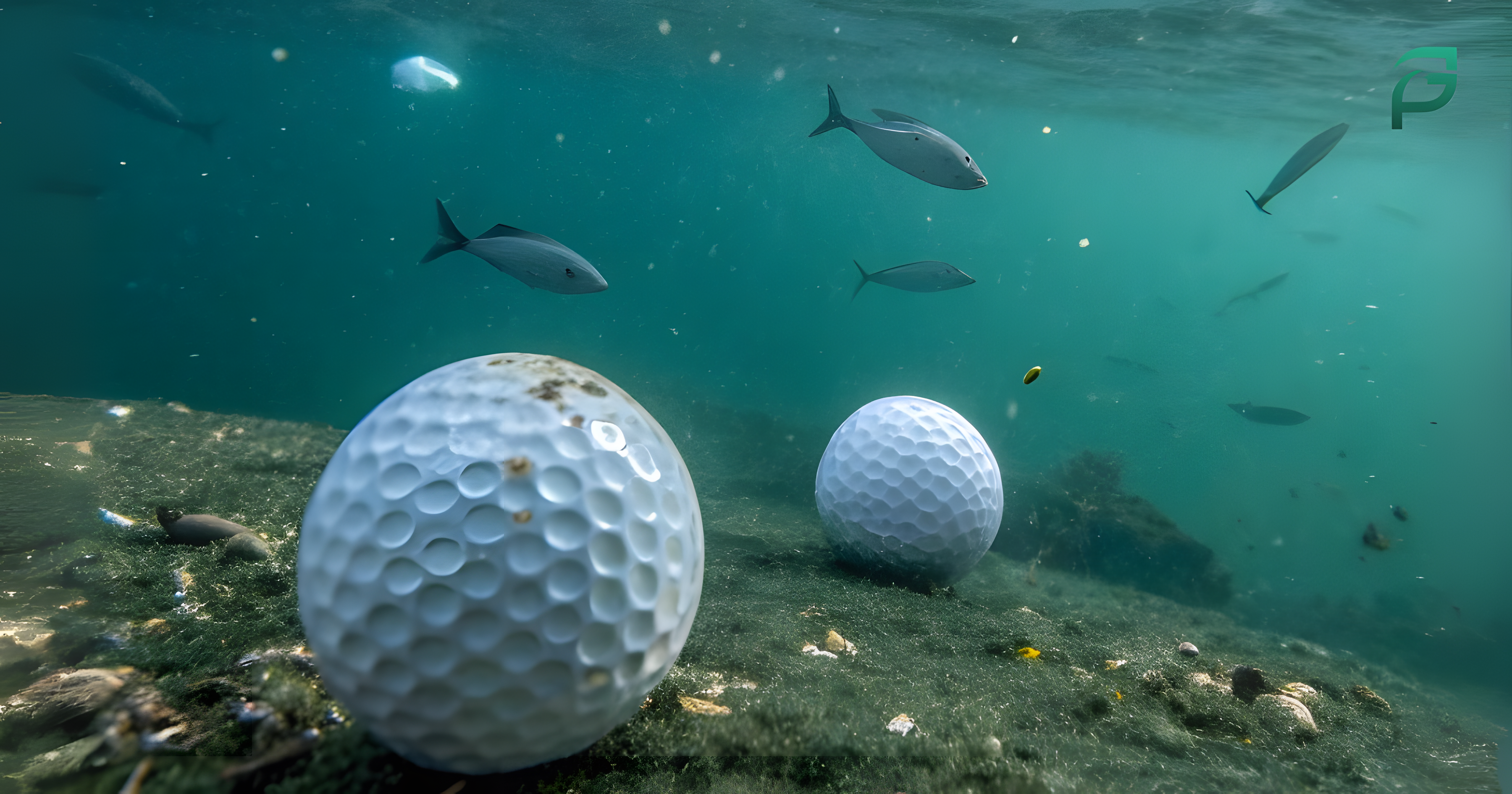 Traditional golf balls resting underwater showing pollution and environmental impact on aquatic life