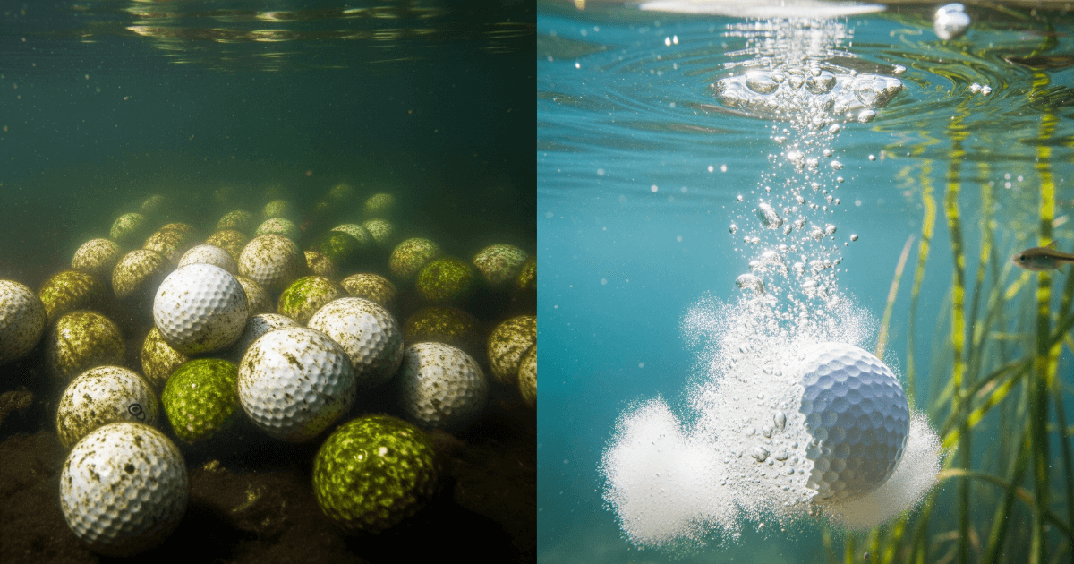 Lost golf balls resting underwater showing environmental pollution in lakes