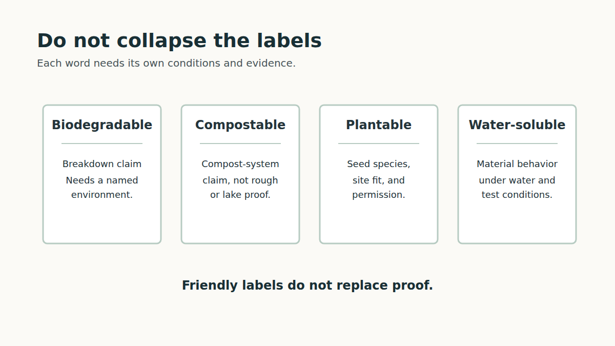Environmental golf-ball labels are separate claims, not interchangeable proof.