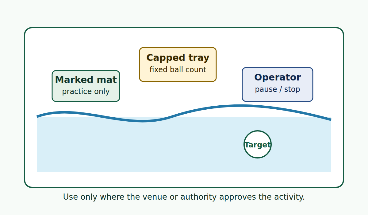 A controlled waterfront event lane diagram shows where guests can hit water-soluble practice balls.