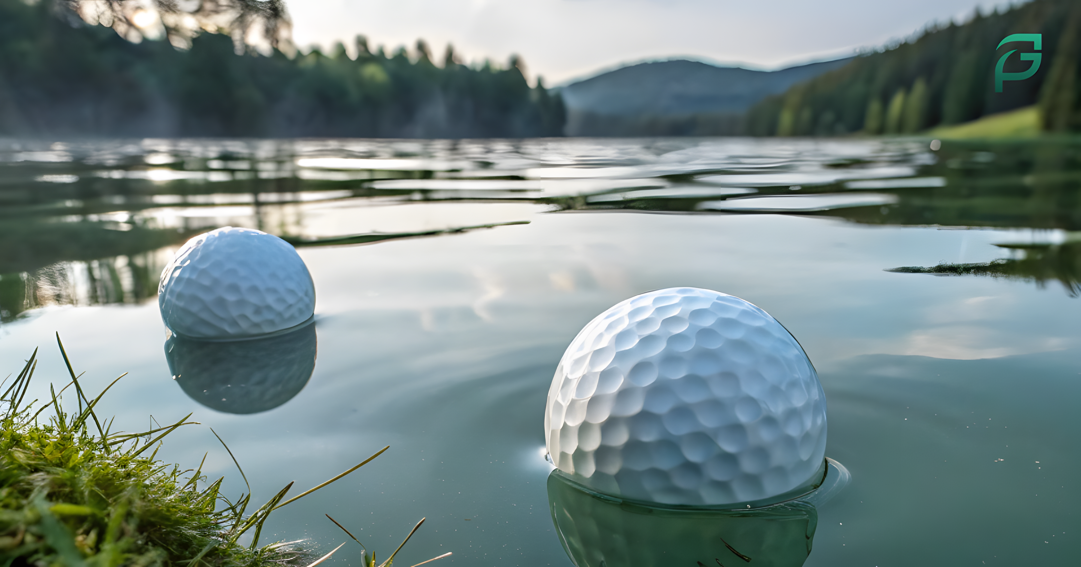 Multiple golf balls floating in a lake after landing in a water hazard on a golf course
